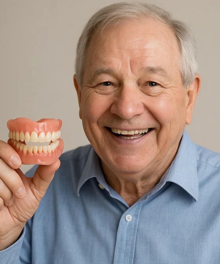 Happy patient holding dentures
