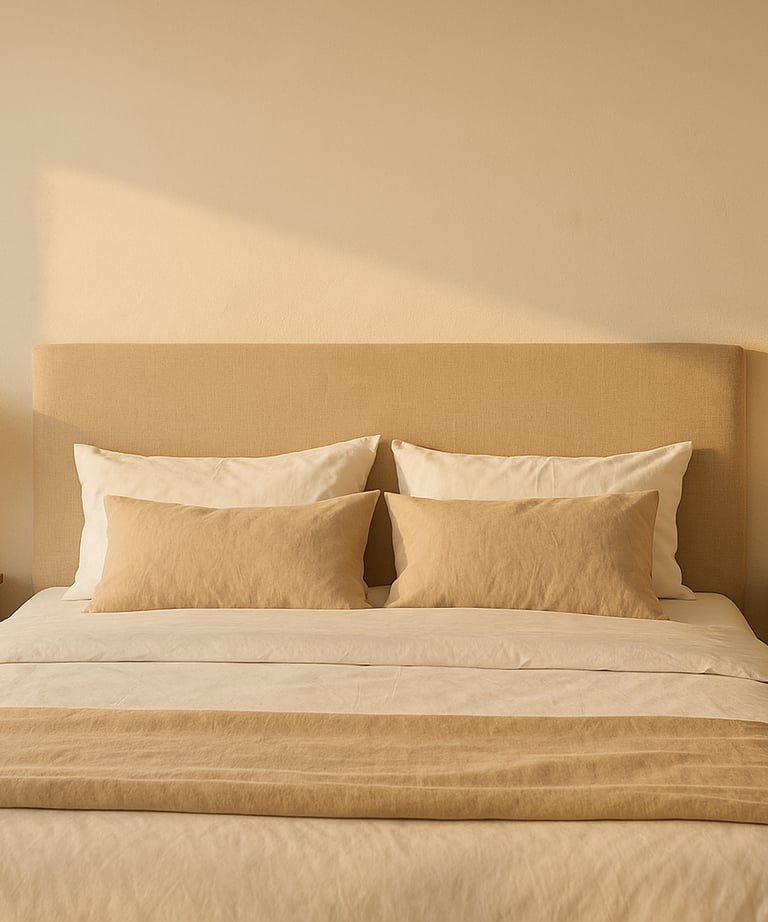 Cama con cabecero tapizado y mesitas de noche de madera en dormitorio cálido con lámparas de cerámic