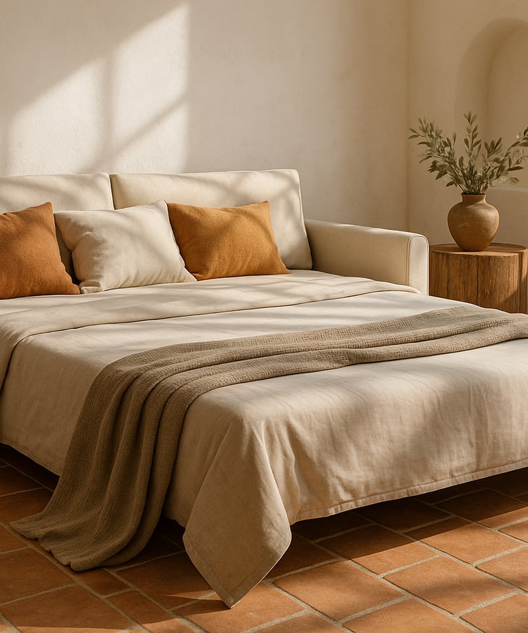 Sofá cama desplegado con ropa de cama beige y cojines decorativos en ambiente mediterráneo acogedor.