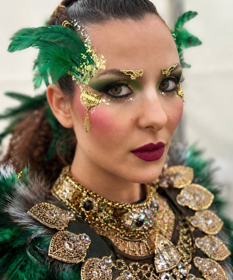 Woman in green carnival costume with gold glitter makeup and jeweled accessories.