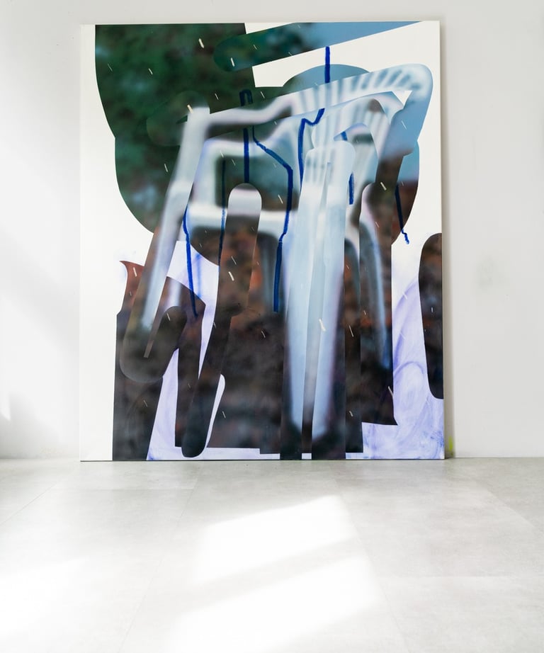 Large-scale abstract expressionist painting with blue and black brushstrokes in a bright gallery.