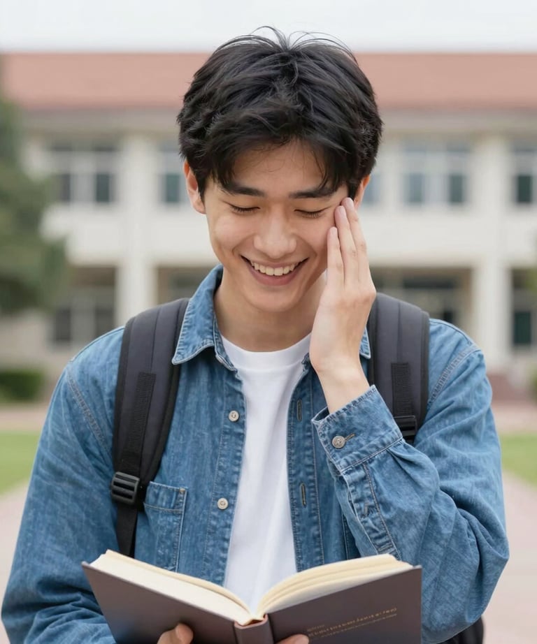 A student happily filling out FAFSA forms on a laptop at a sunlit desk.