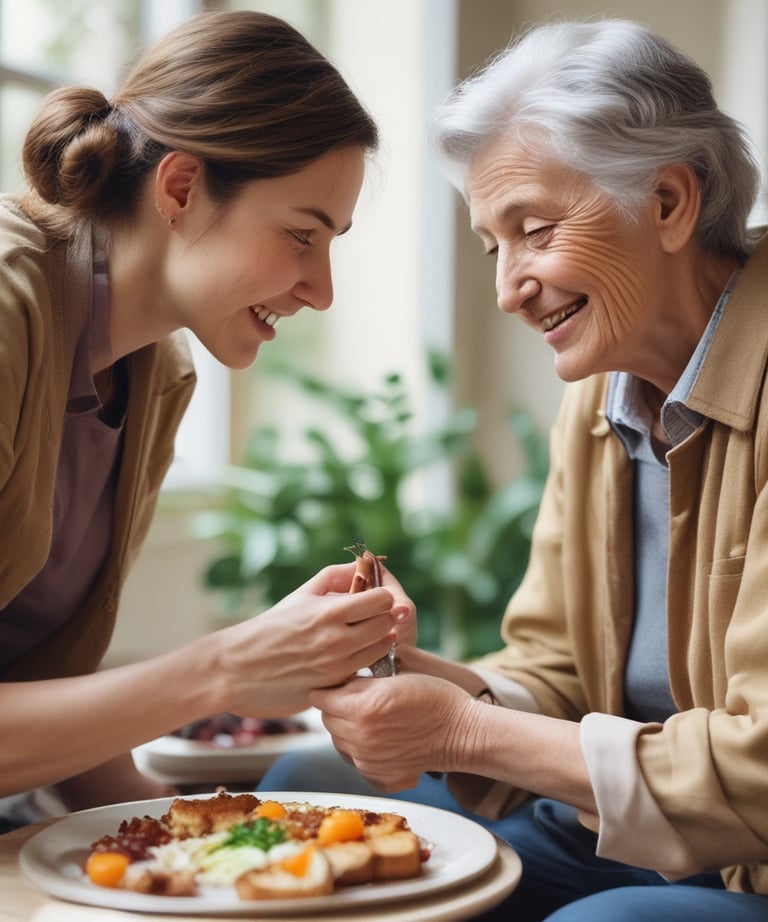An elderly couple stands together, the woman seated in a wheelchair holding a blue folder with a gold logo. The man stands beside her, wearing a dark blue shirt with a patterned design. A decorative wall with a branching pattern and birds is in the background.