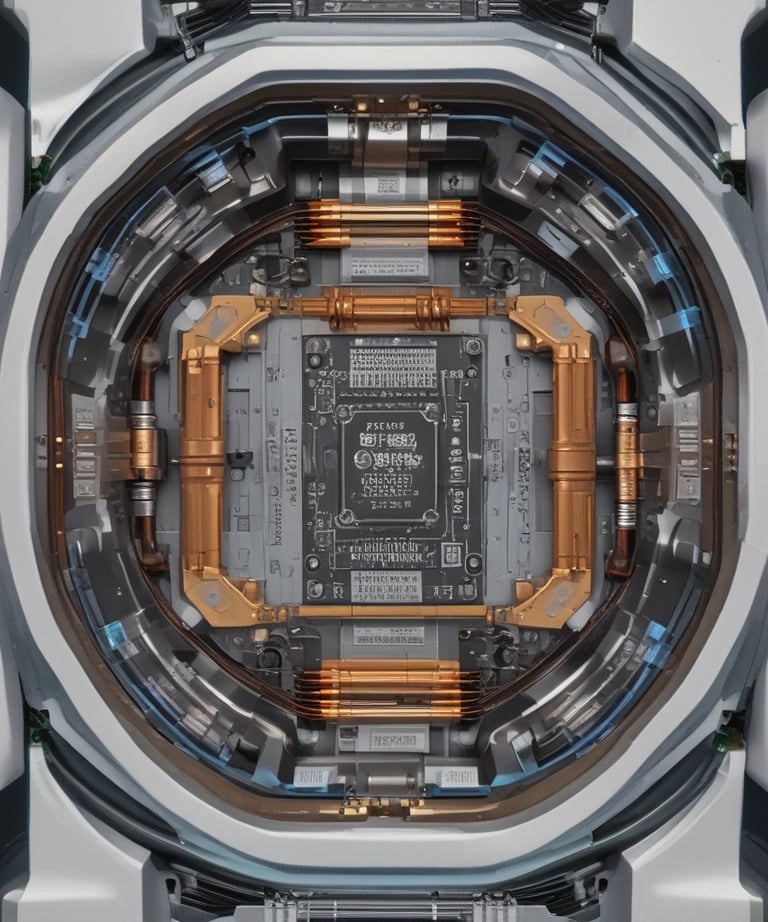 Close-up of a high-tech battery with intricate components and a glowing indicator.