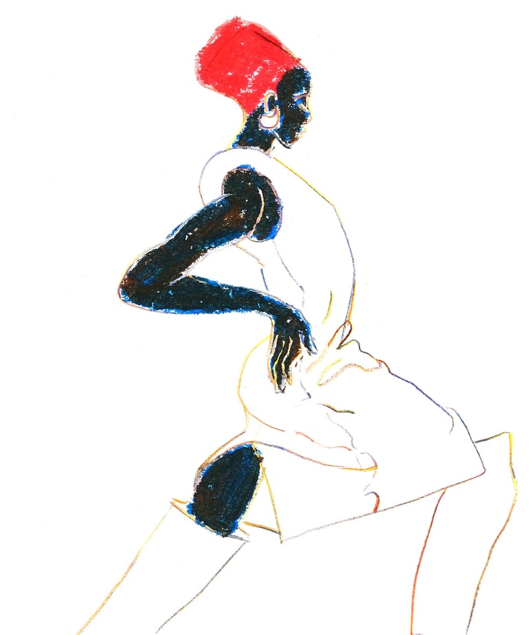 a fashion drawing of a black woman in a white dress