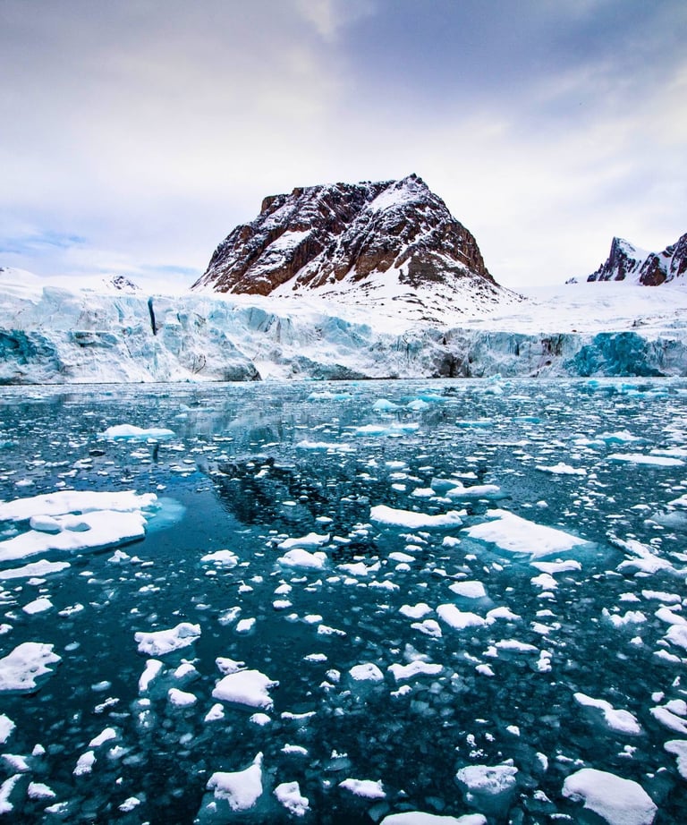 Melting glacier and floating sea ice in the Arctic ocean with snowy mountains under a cloudy sky.