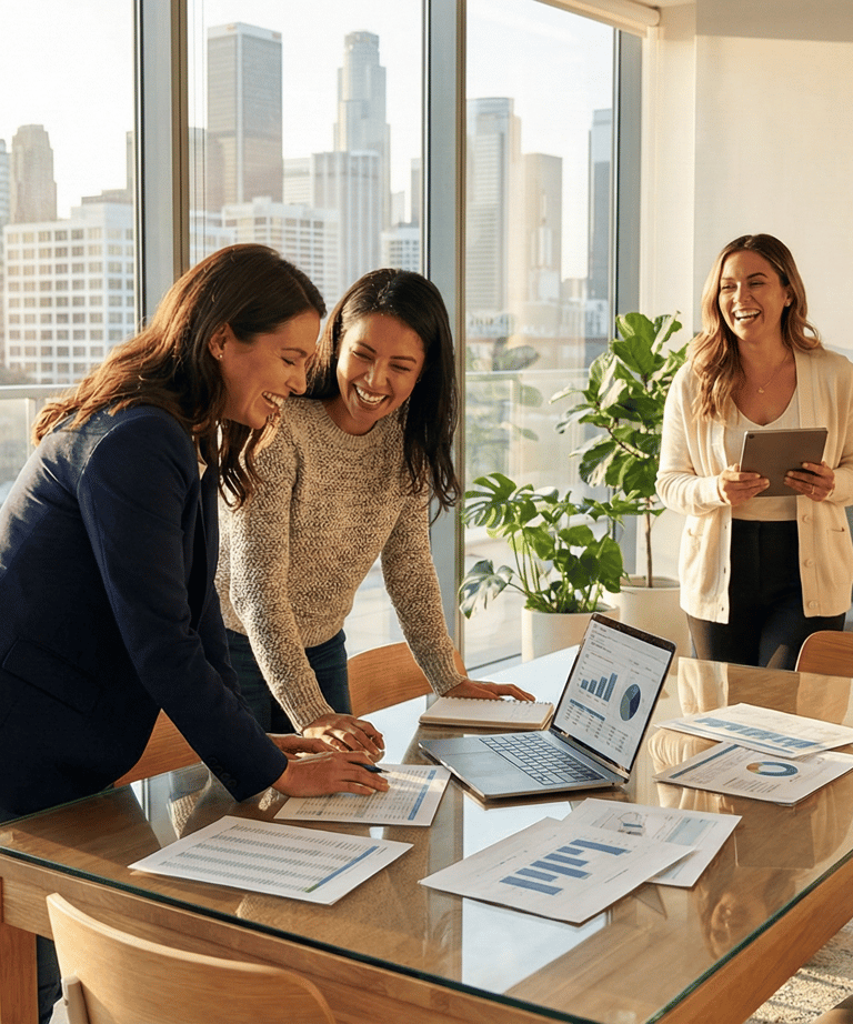 Professional women collaborate while reviewing stablecoin analysis.