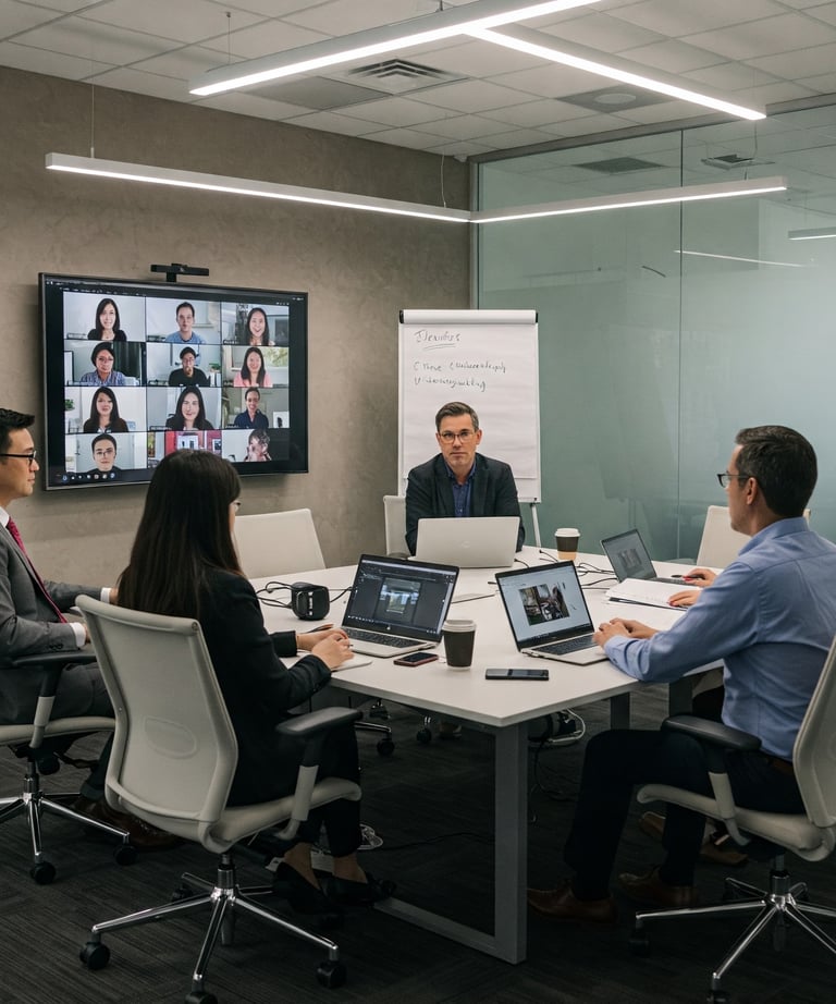 Business people in an office meeting with a client via Video Conference.