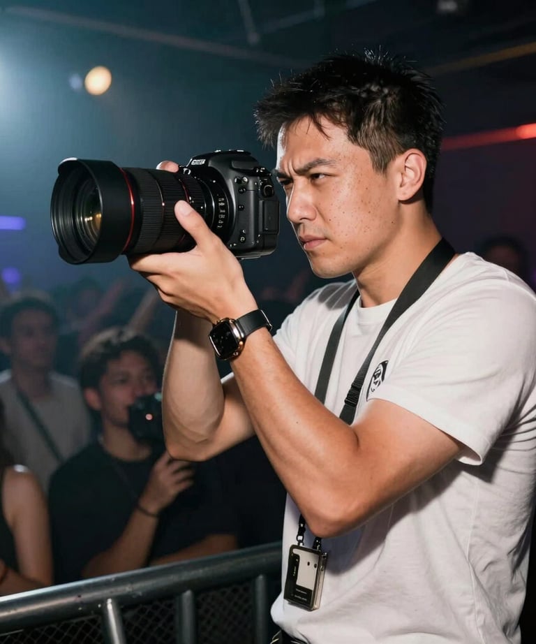A professional photographer capturing a high-energy live performance in a North American night club, dramatic lighting in background.