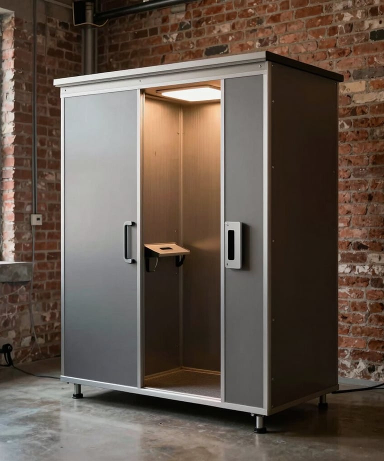 A sleek, industrial-style photo booth set up in a modern North American loft space with exposed brick and warm lighting.