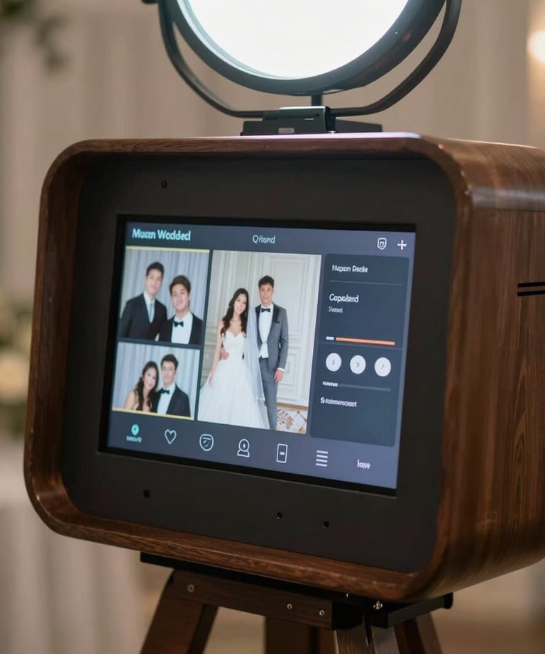 A sleek, modern photo booth station at a North American luxury wedding, featuring customizable lighting and high-end digital interface.