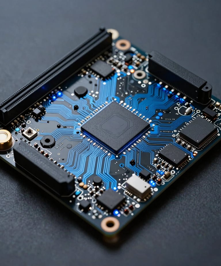 A photograph of a sophisticated logic board with blue glowing components, representing system design. Midnight black and slate blue-gray palette. North American context.