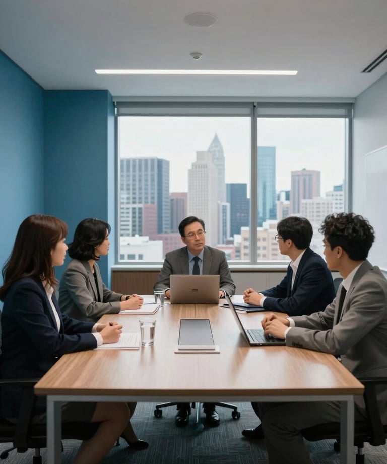 Photography of a modern office meeting room with sky blue accent walls and a view of a US city skyline.