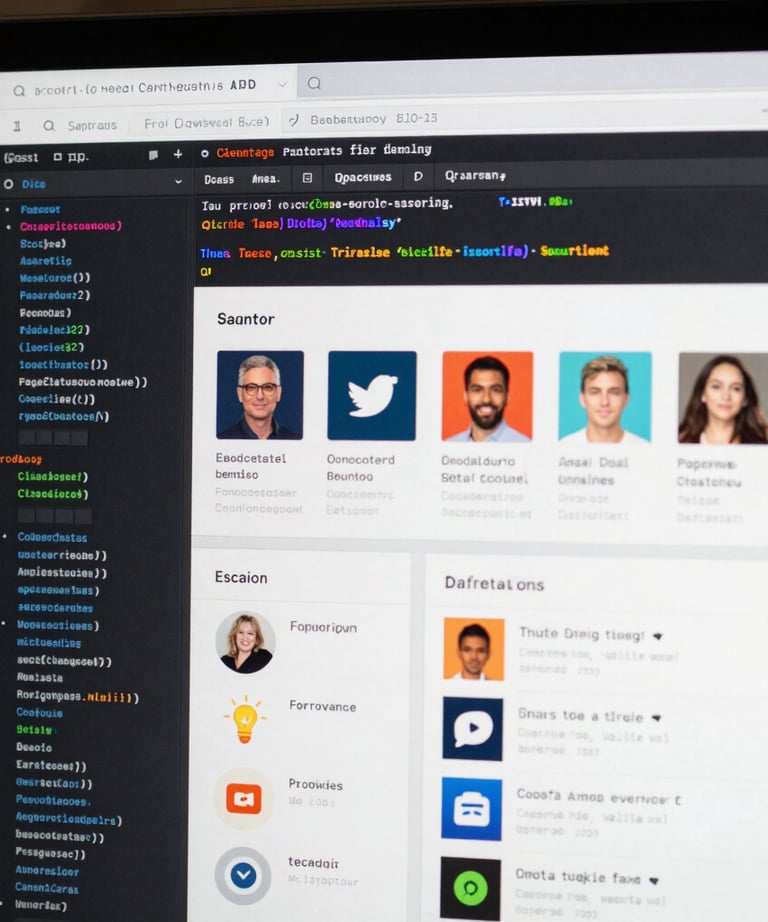 Close-up of a high-resolution screen showing complex web code and social media dashboards.
