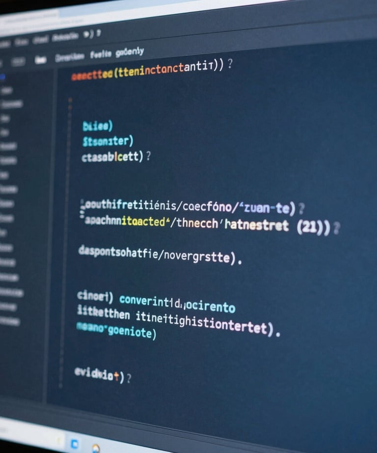 A digital screen showing high-level code structure, with soft Sky Blue and Dark Navy tones.