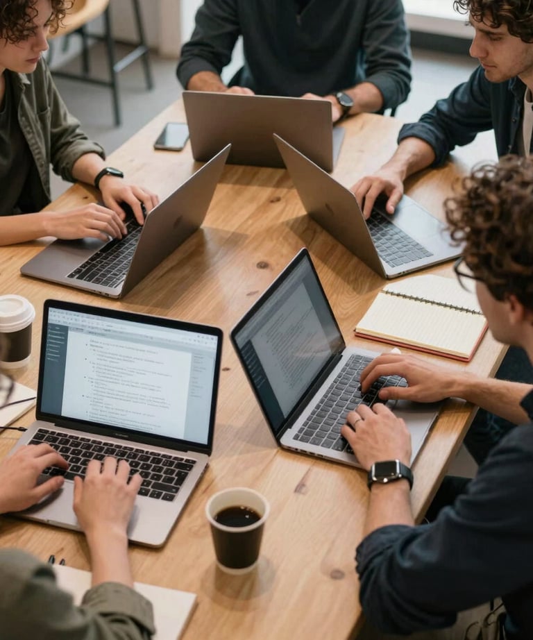 A top-down view of a collaborative meeting in a French co-working space, with laptops, coffee, and notebooks. Clean and inspiring atmosphere.