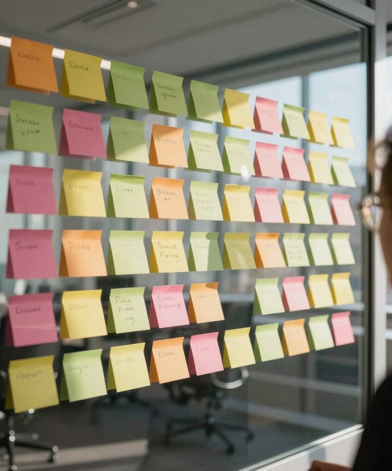 Strategic planning session with colorful sticky notes on a glass wall in a modern office in Zurich. Sunlight reflects through the glass.