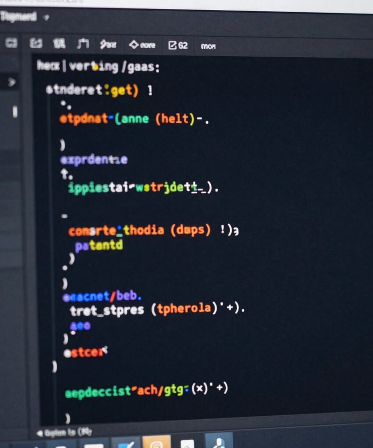 A close-up of a code editor with clean, colorful syntax for a modern web application. Dark navy background.
