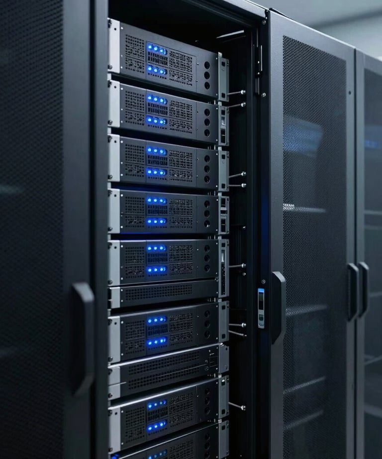 Clean, minimalist shot of a digital server room with soft blue indicator lights, representing reliability and technology.