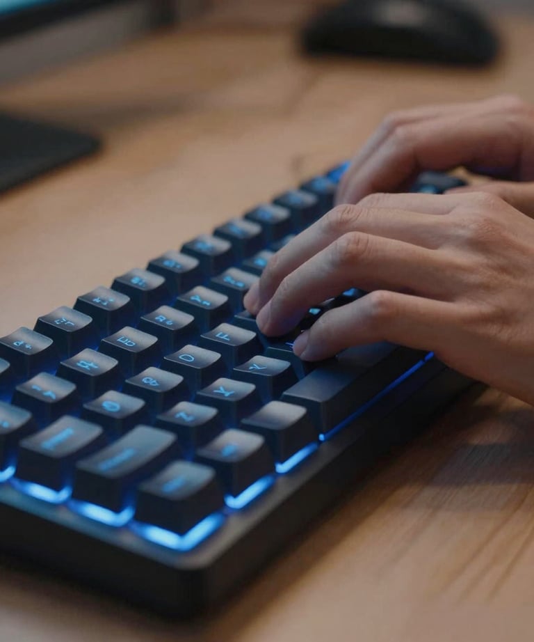 A close-up of hands typing on a mechanical keyboard with subtle Royal Blue backlighting in a professional workspace.