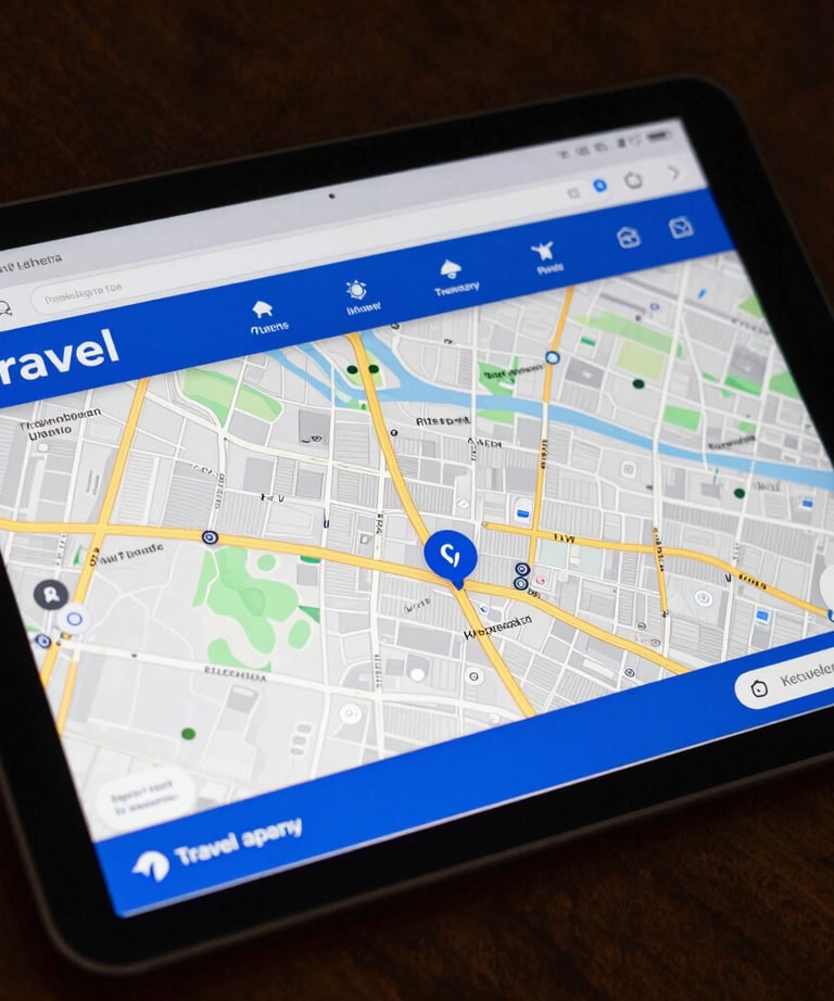 Clean photo of a tablet showing an interactive map interface for a travel agency, with Royal Blue accents.