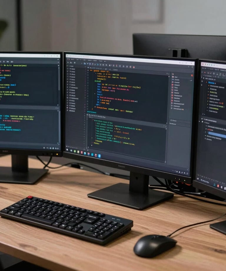Professional photography of a developer's workstation with three monitors displaying code and design tools. Sleek and high-tech.