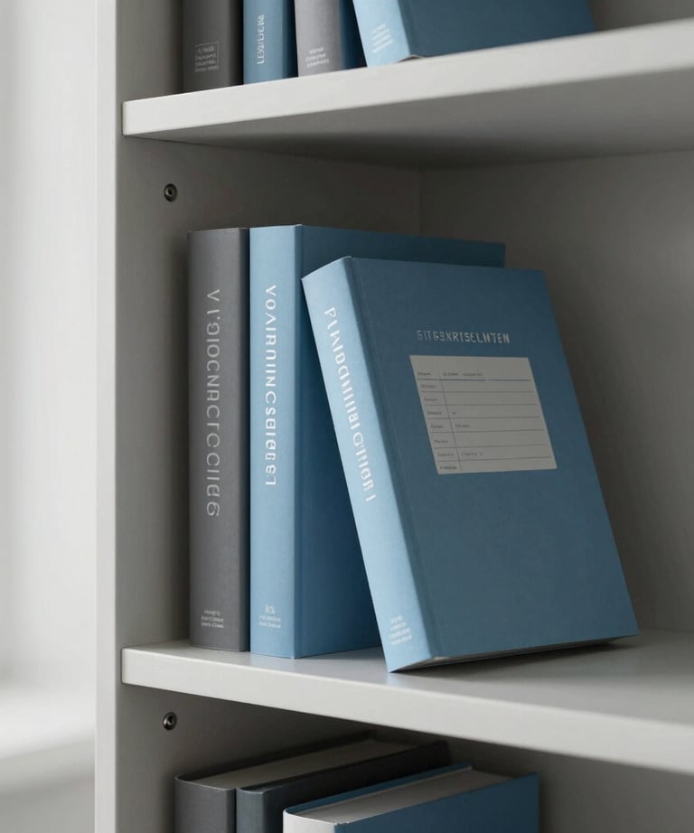 Detail of a minimalist office bookshelf with professional design and data management books, sky blue and slate grey accents, soft natural light.