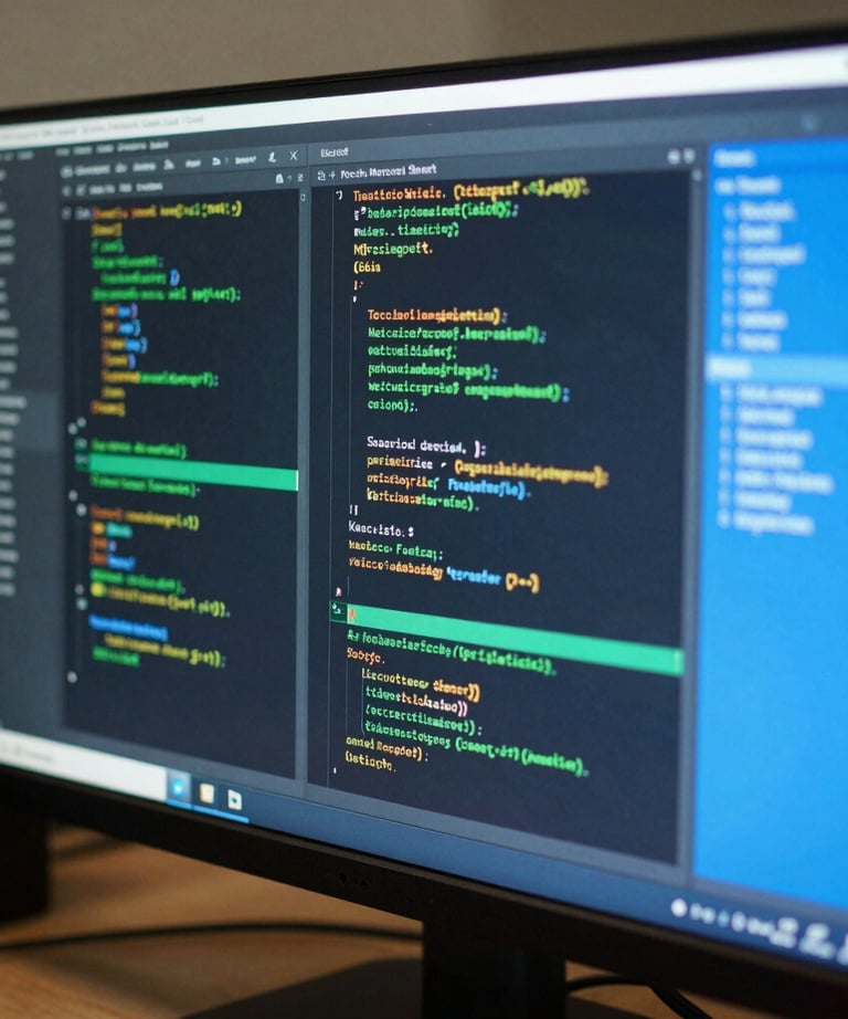 Macrophotography of digital UI code and data structures displayed on a high-resolution monitor, emerald green and sky blue highlights on a dark background, reflecting a South American / Brazilian technical office.
