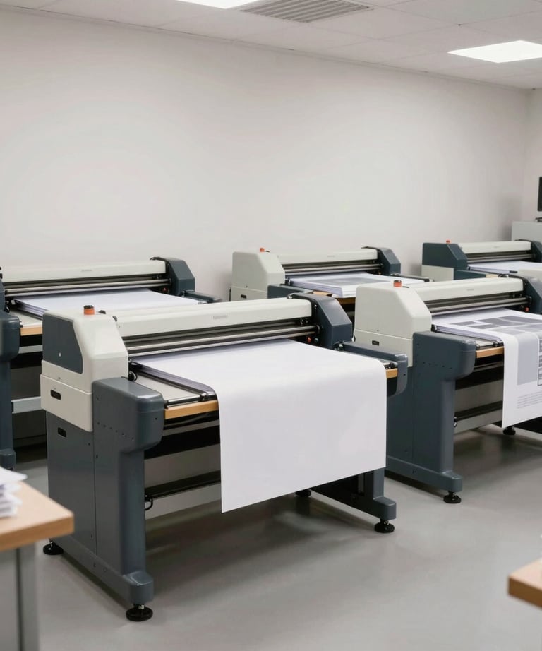 Wide shot of a tidy, minimalist print shop in Brazil, featuring professional cutting machines and neatly stacked graphic products.