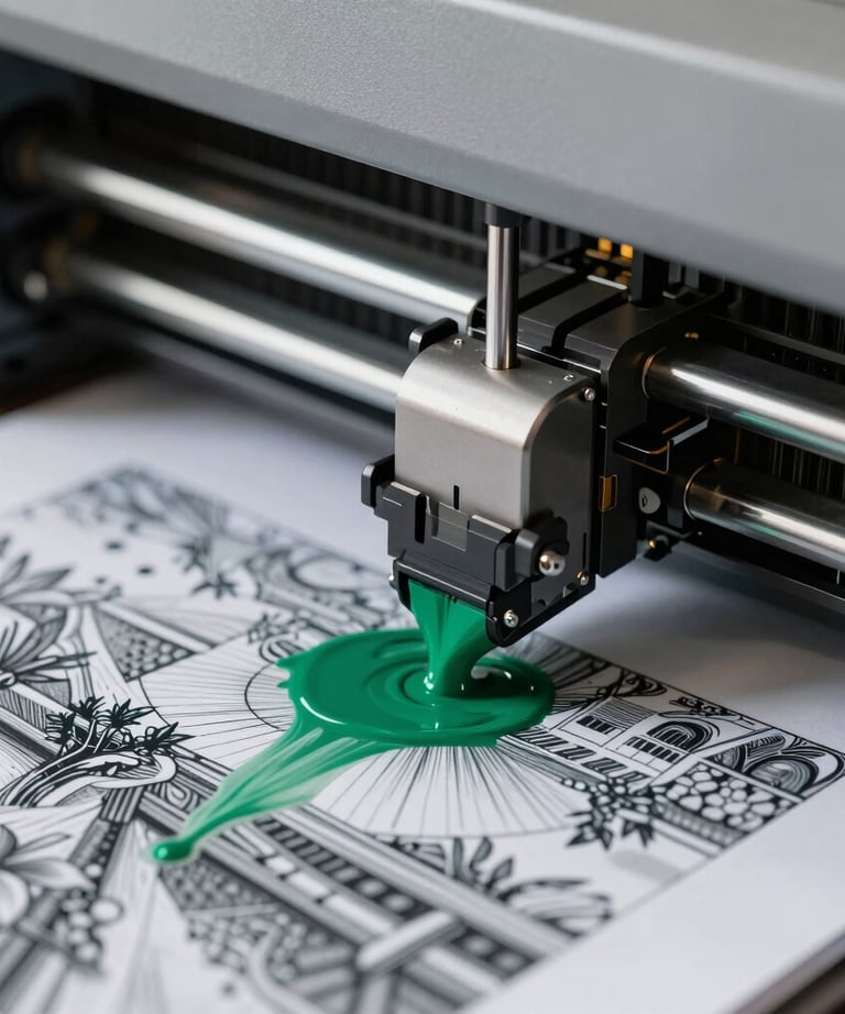 Close-up of a high-resolution inkjet printer head working on a detailed graphic document, sharp details, vibrant emerald green ink visible.