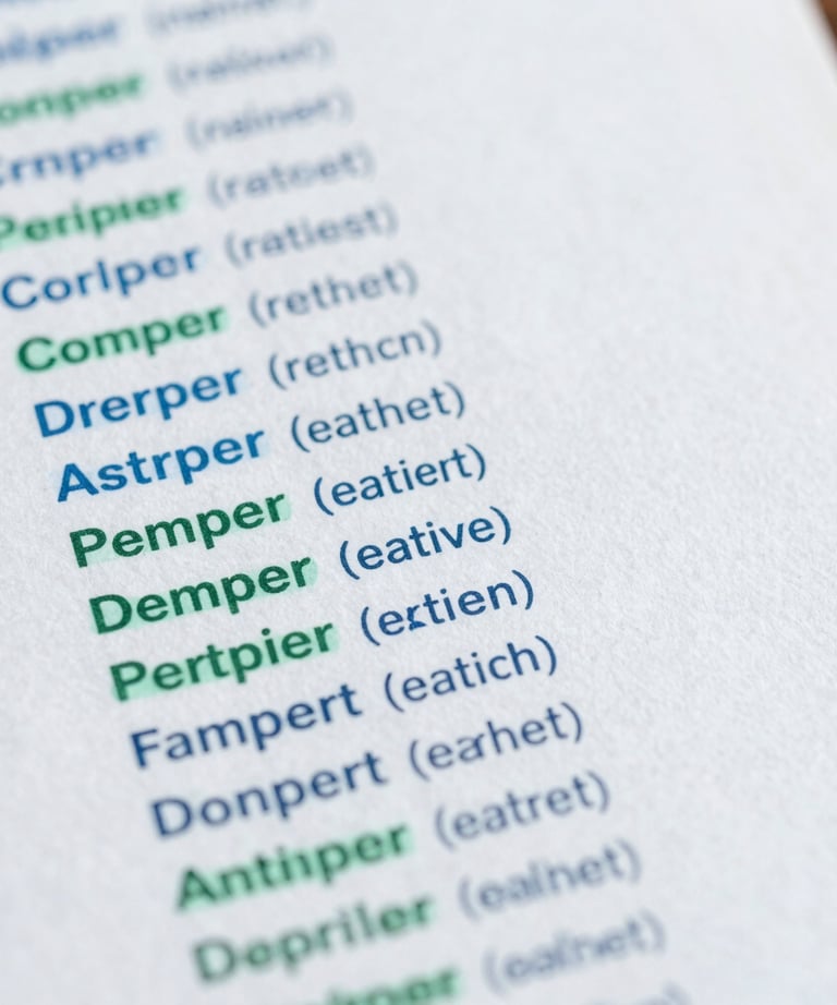 Macro photography of a high-resolution printed list with perfect alignment and clear typography, sky blue and emerald green highlights.