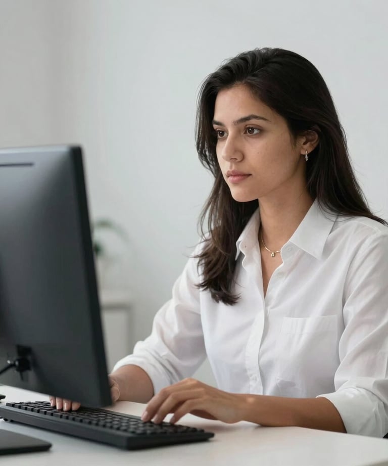 Portrait of a South American / Brazilian data specialist focused on their screen in a modern, clean office environment. Professional soft lighting, pearl white and slate grey atmosphere.