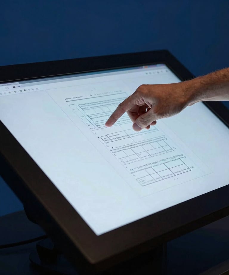 Action shot of a professional hand adjusting a print layout on a large high-definition touchscreen monitor, sky blue and deep charcoal blue environment.