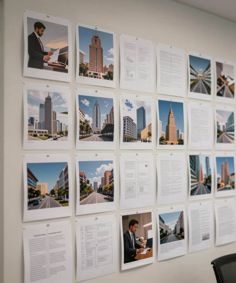 An organized wall grid in a South American / Brazilian office displaying printed proofs and layout drafts, professional and creative atmosphere.