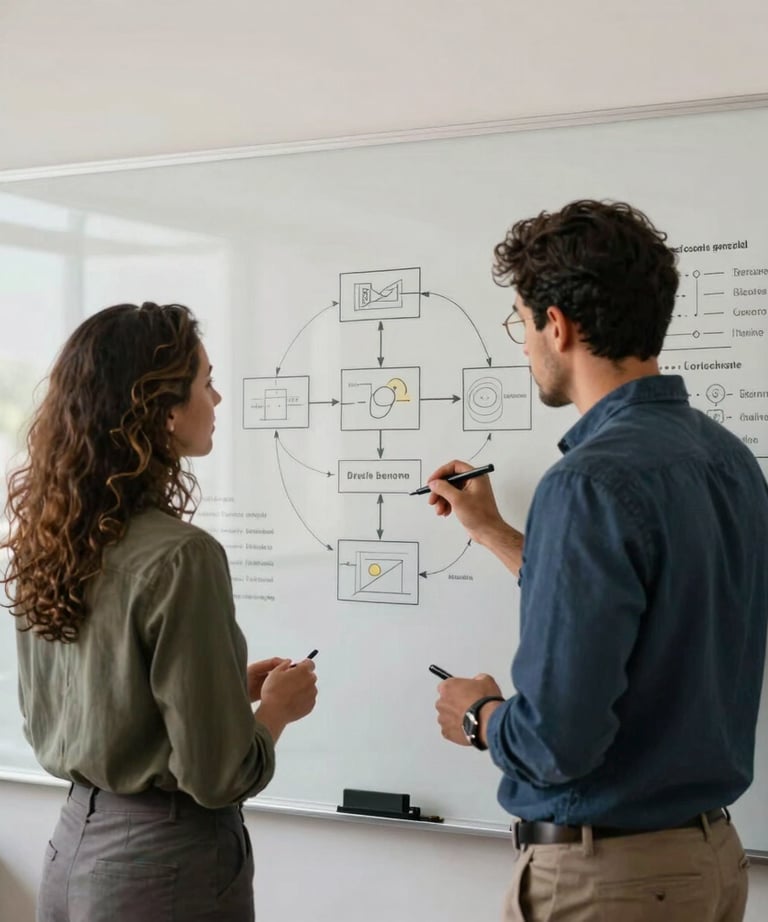 Two professionals in South America / Brazil collaborating in front of a whiteboard filled with data architecture diagrams, professional lighting, modern attire.