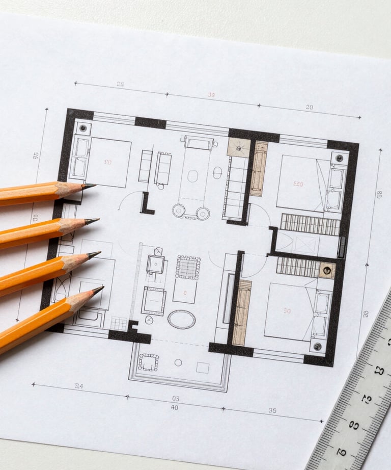 Architect working on detailed interior design plans at a wooden desk with tools.