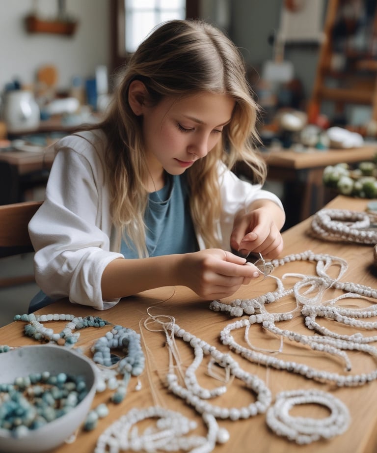 Hands carefully crafting jewelry with natural stones and tools.