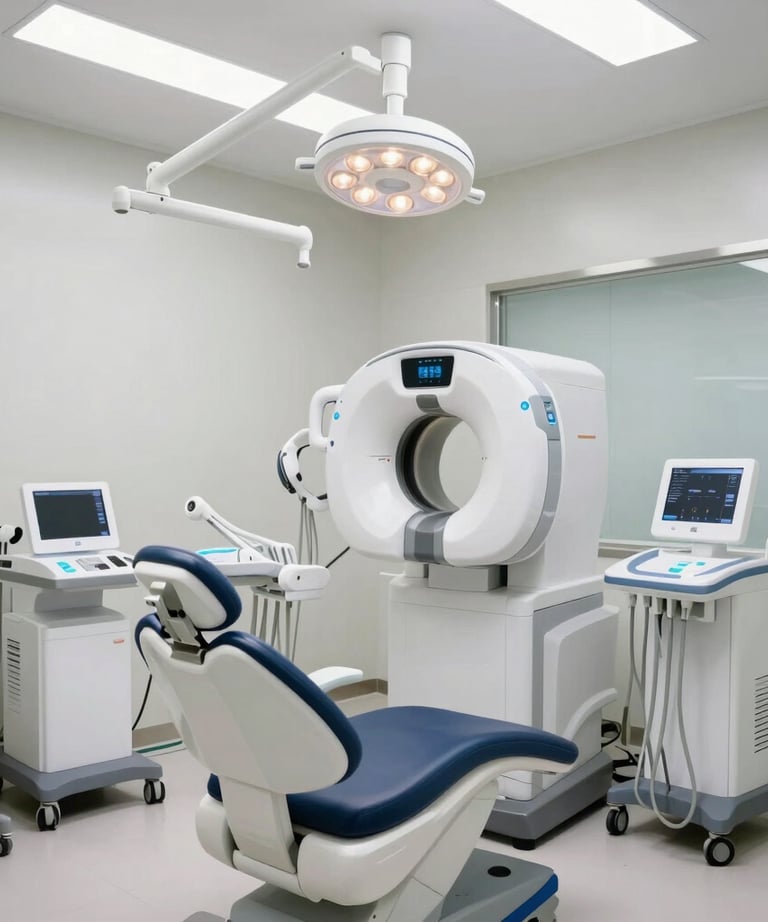 A clean, eye-level photograph of a modern dental surgery room in the US. The room is immaculate, with bright lighting and advanced digital imaging equipment in the background.