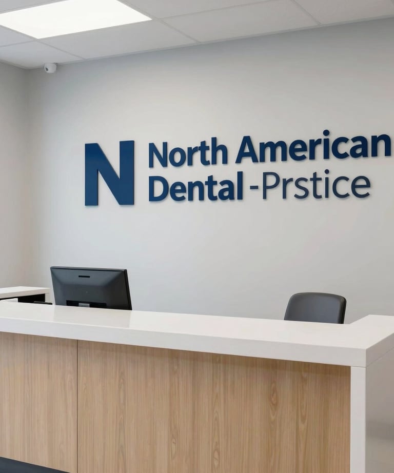 A bright, clean shot of a North American dental practice's reception area. It looks inviting and modern, with a professional dark blue logo visible on a light grey wall.