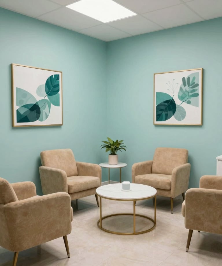 A wide shot of a modern, stylish dental office waiting room in a North American suburb. The design features comfortable warm beige chairs, seafoam teal wall art, and a clean, professional aesthetic that builds patient trust.
