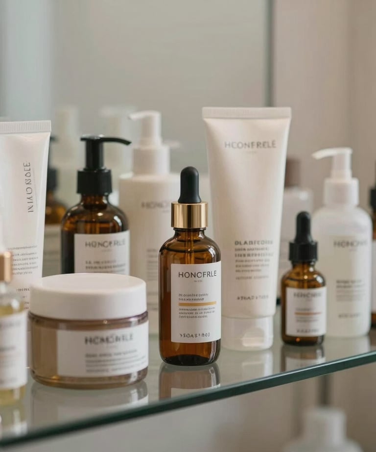 A close-up of a high-end skincare product lineup on a glass shelf in a med spa, with soft focus on the background. The lighting is clean and cinematic, emphasizing quality and trust.