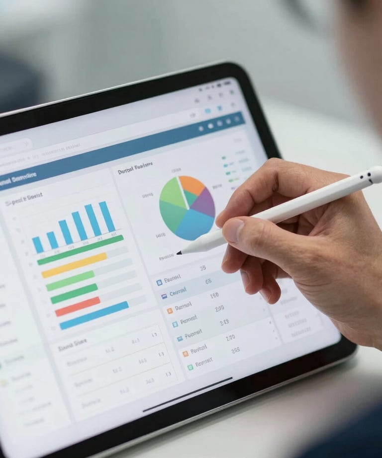 A close-up photograph of a digital tablet displaying a clean, professional dental practice dashboard with colorful charts and scheduling data. A professional hand in North American business attire holds a stylus, emphasizing data-driven results.