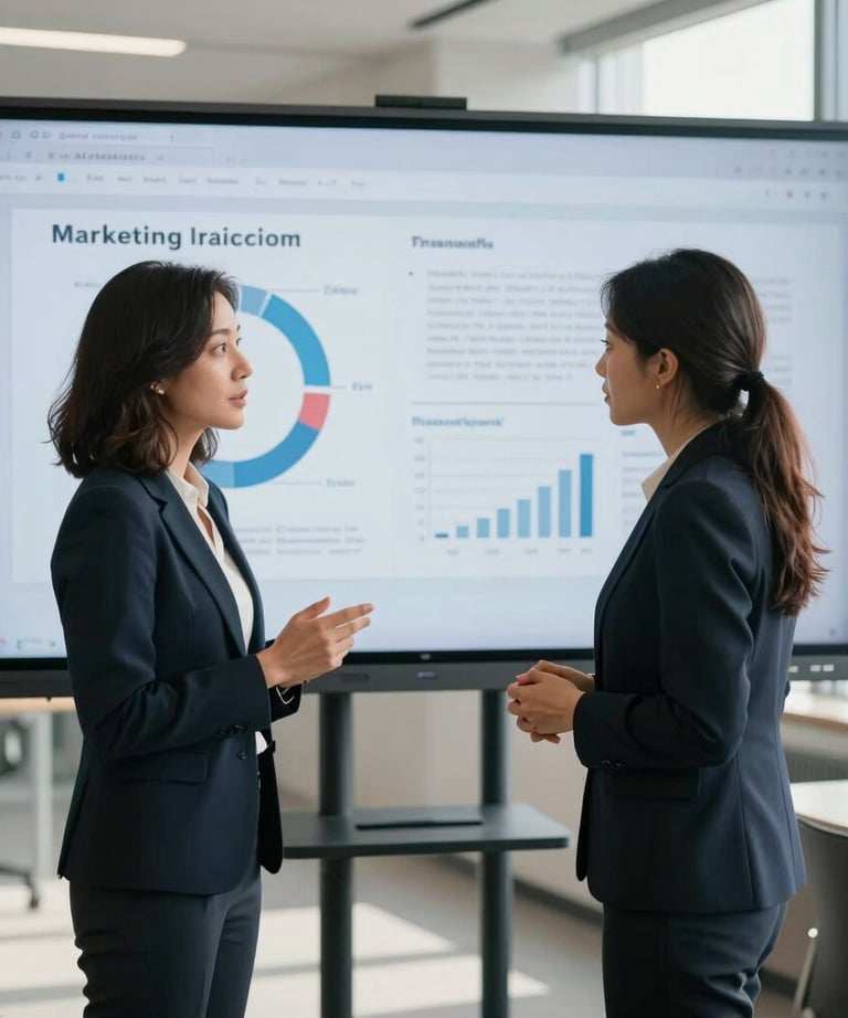 A candid shot of two professional North American women in business attire discussing a marketing campaign on a large screen in a sunlit, modern office.
