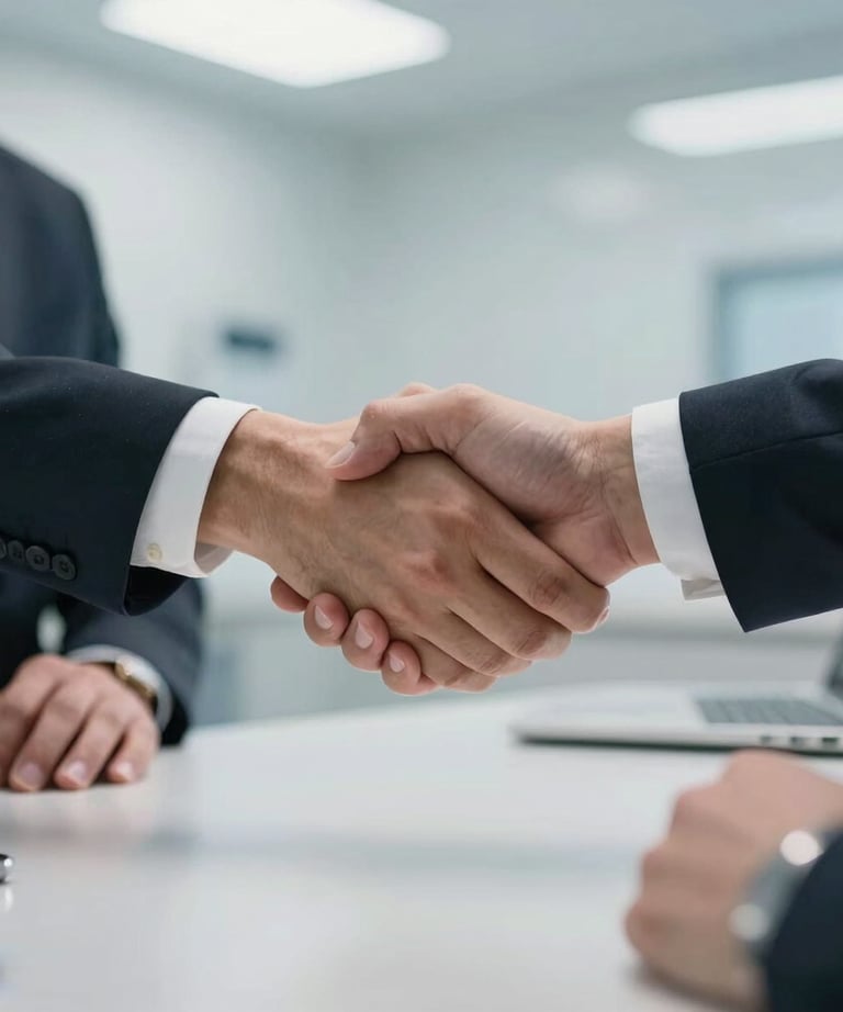 A close-up of two hands in a professional North American business meeting, shaking hands over a sleek table. The background is a clean, modern medical clinic with professional lighting.
