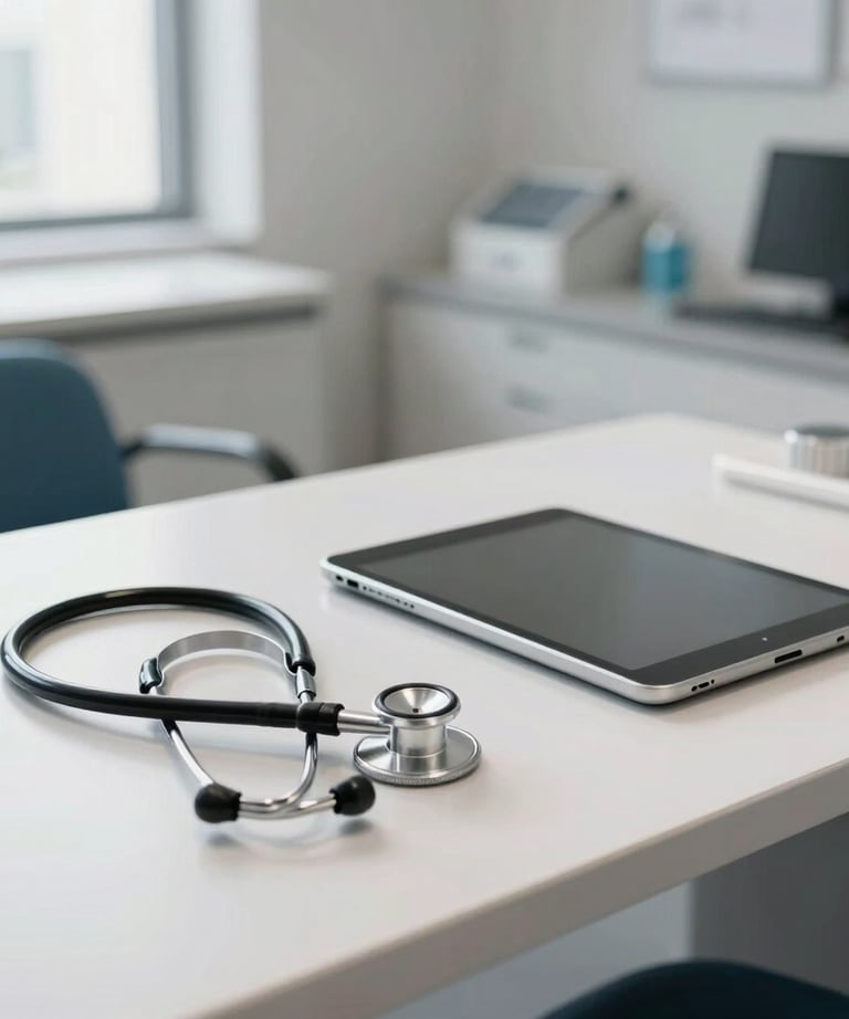 A wide photography shot of a modern, clean medical office desk with a stethoscope and a high-end tablet. The room is bright with natural light, representing a high standard of North American medical care.