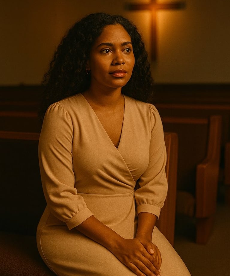 Candee sits quietly  in a chapel to meditate on God.