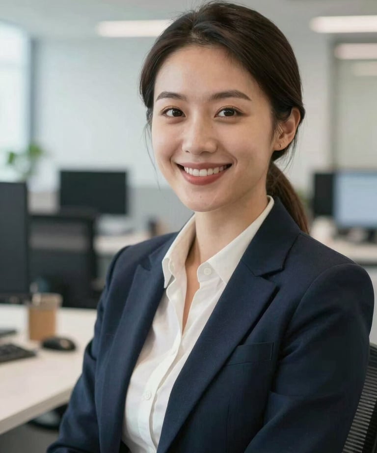 A professional headshot of a female project manager in a tech office, smiling. Clean, bright composition with soft focus on the office background.