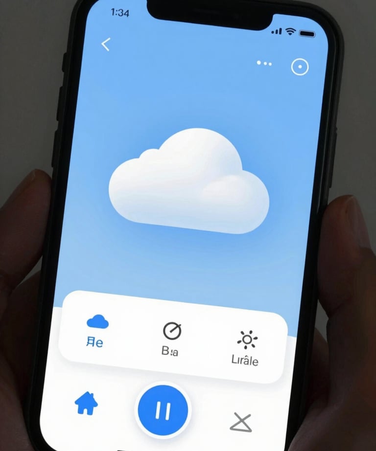 A professional shot of a modern, sleek weather application interface on a smartphone screen, featuring soft blue gradients.