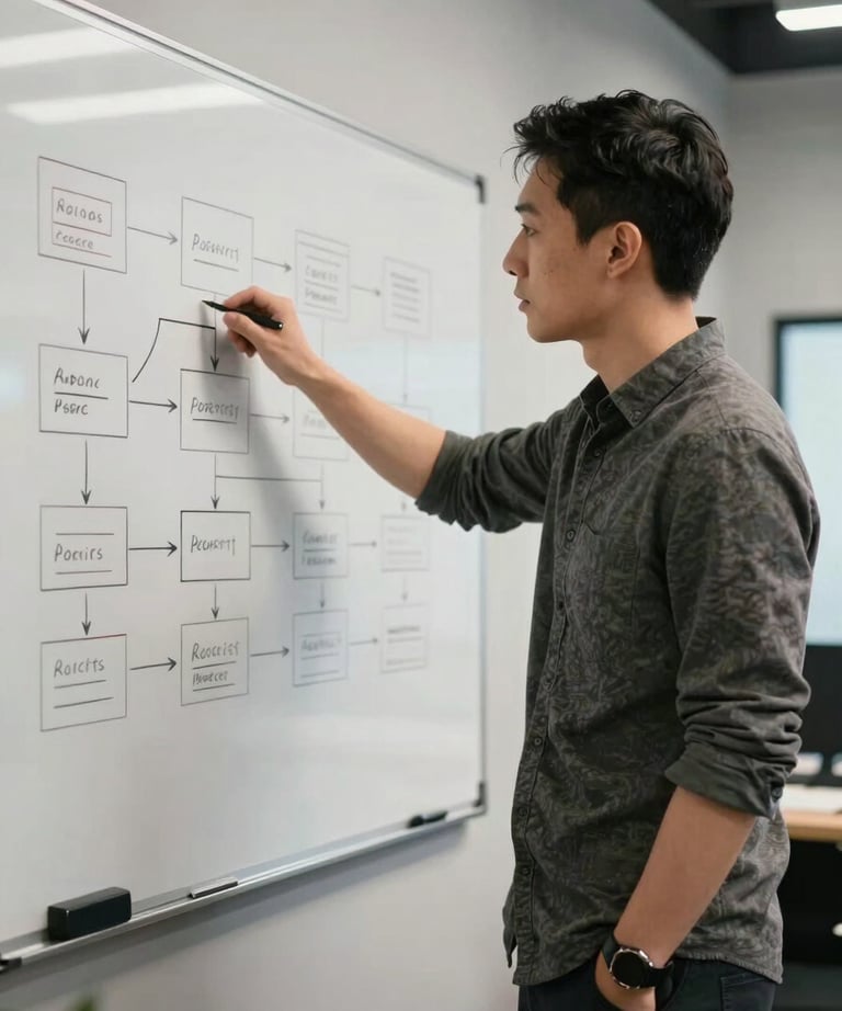 A candid shot of a male creative director in a stylish modern studio. He is pointing at a whiteboard with app flow diagrams.