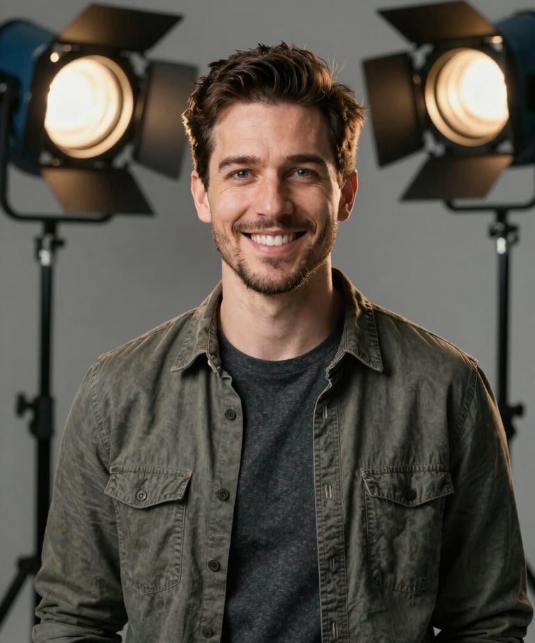 A clean, studio portrait of a male lead developer wearing casual tech attire, smiling confidently. Professional North American studio lighting.